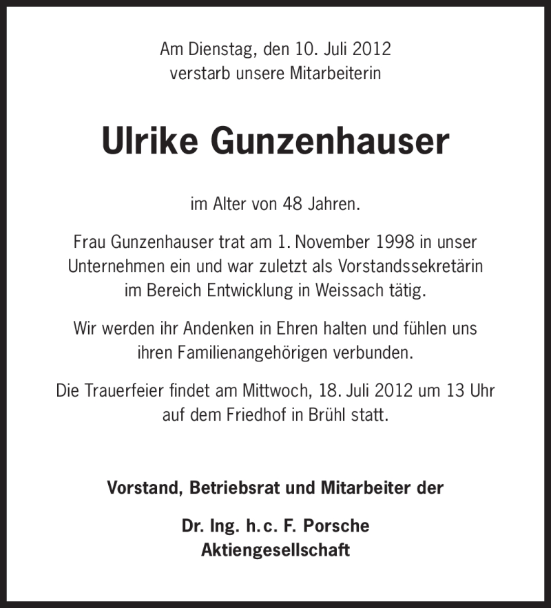  Traueranzeige für Ulrike Gunzenhauser vom 16.07.2012 aus Stuttgarter Zeitung / Stuttgarter Nachrichten