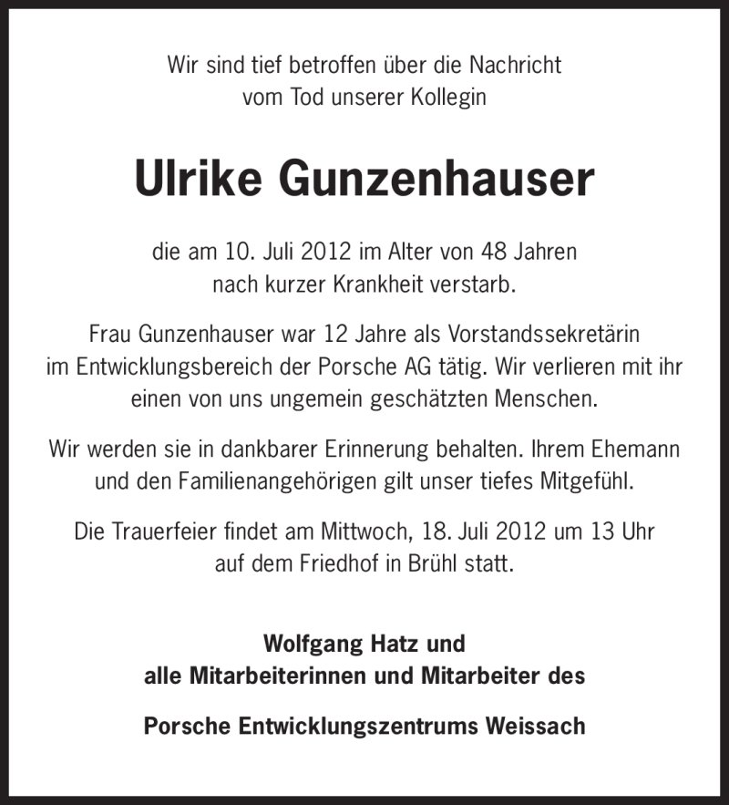  Traueranzeige für Ulrike Gunzenhauser vom 17.07.2012 aus Stuttgarter Zeitung / Stuttgarter Nachrichten