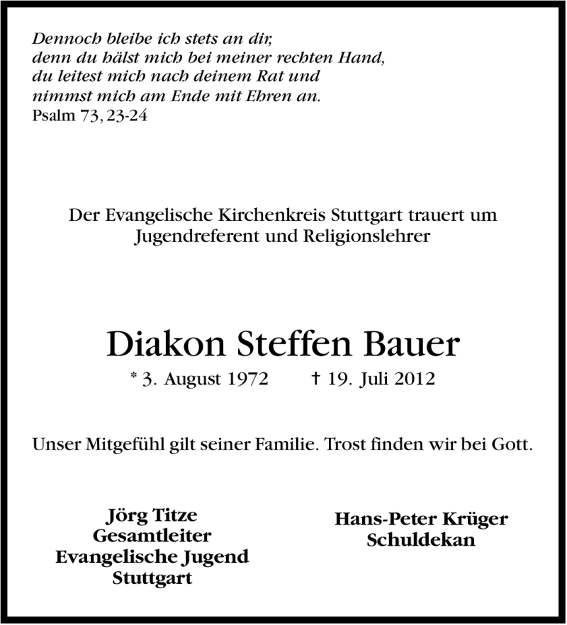  Traueranzeige für Steffen Bauer vom 24.07.2012 aus Stuttgarter Zeitung / Stuttgarter Nachrichten
