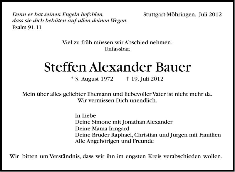  Traueranzeige für Steffen Bauer vom 24.07.2012 aus Stuttgarter Zeitung / Stuttgarter Nachrichten