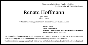 Traueranzeige von Renate Hoffmann von Leonberger Kreiszeitung / Strohgäu Extra