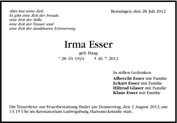 Traueranzeige von Irma Esser von Marbacher Zeitung