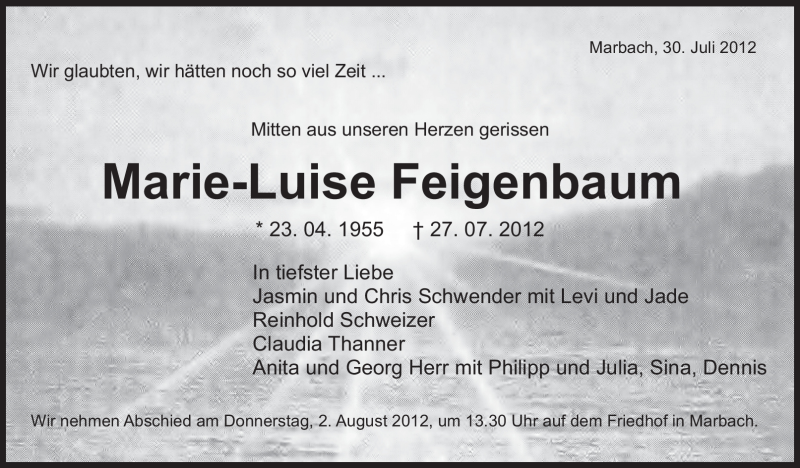 Traueranzeige für Marie-Luise Feigenbaum vom 30.07.2012 aus Marbacher Zeitung