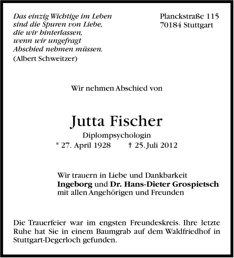  Traueranzeige für Jutta Fischer vom 25.08.2012 aus Stuttgarter Zeitung / Stuttgarter Nachrichten
