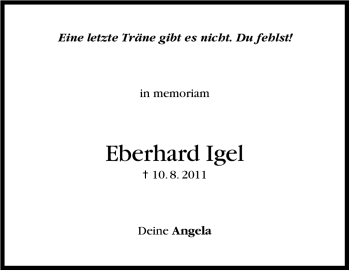 Traueranzeige von Eberhard Igel von Leonberger Kreiszeitung / Strohgäu Extra