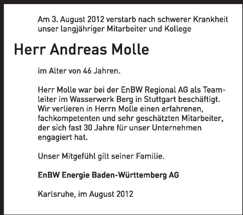  Traueranzeige für Andreas Molle vom 07.08.2012 aus Stuttgarter Zeitung / Stuttgarter Nachrichten