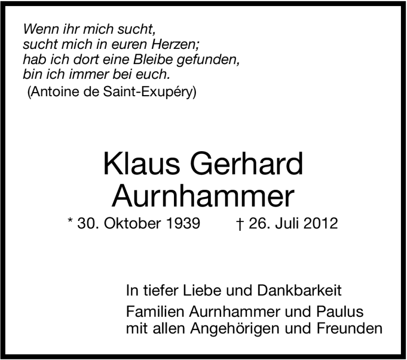  Traueranzeige für Klaus Gerhard Aurnhammer vom 08.08.2012 aus Stuttgarter Zeitung / Stuttgarter Nachrichten