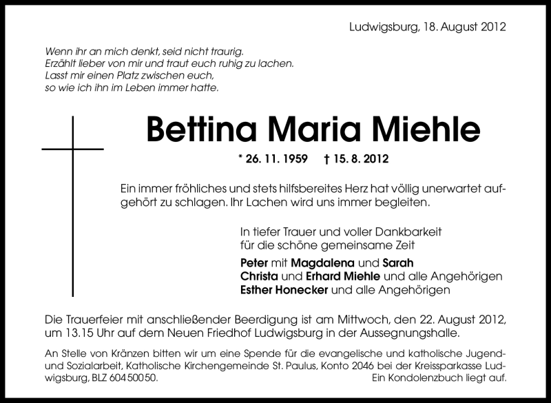  Traueranzeige für Bettina Maria Miehle vom 18.08.2012 aus Stuttgarter Zeitung / Stuttgarter Nachrichten