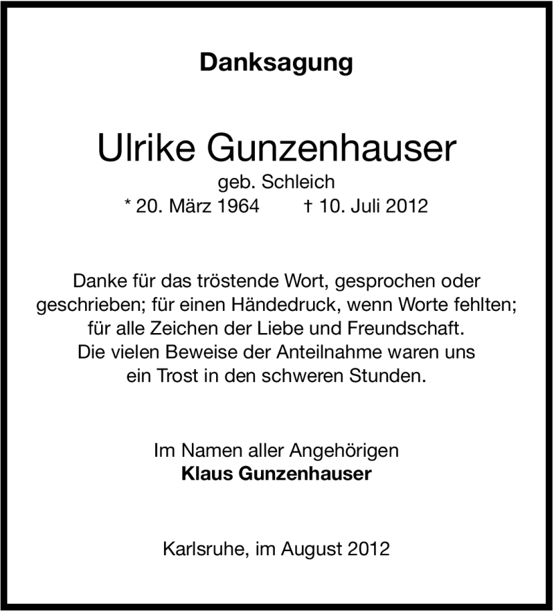  Traueranzeige für Ulrike Gunzenhauser vom 18.08.2012 aus Stuttgarter Zeitung / Stuttgarter Nachrichten