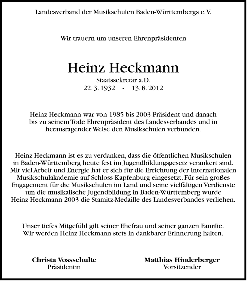  Traueranzeige für Heinz Heckmann vom 18.08.2012 aus Stuttgarter Zeitung / Stuttgarter Nachrichten