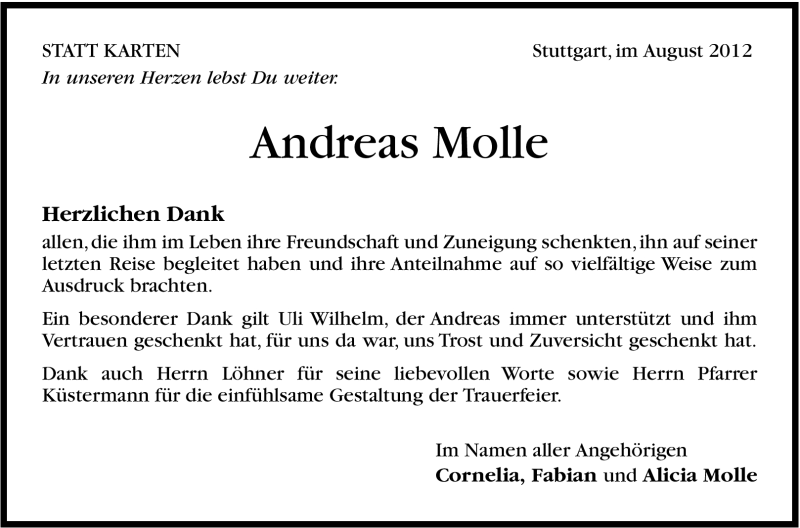  Traueranzeige für Andreas Molle vom 22.08.2012 aus Stuttgarter Zeitung / Stuttgarter Nachrichten