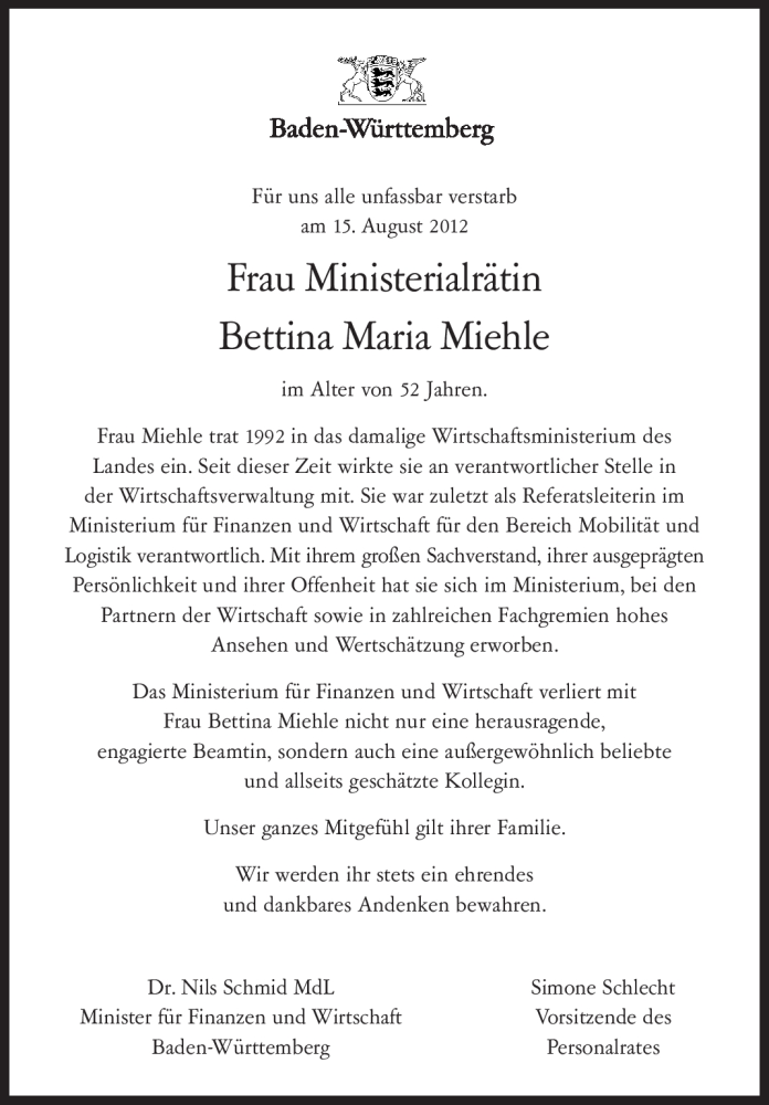  Traueranzeige für Bettina Maria Miehle vom 22.08.2012 aus Stuttgarter Zeitung / Stuttgarter Nachrichten