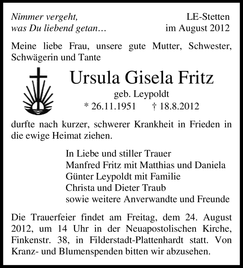  Traueranzeige für Ursula Gisela Fritz vom 23.08.2012 aus Stuttgarter Zeitung / Stuttgarter Nachrichten