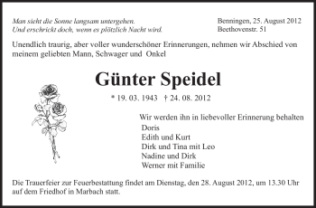 Traueranzeige von Günter Speidel von Marbacher Zeitung