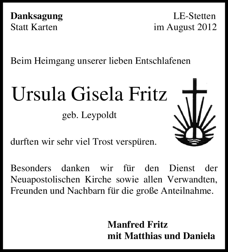  Traueranzeige für Ursula Gisela Fritz vom 28.08.2012 aus Stuttgarter Zeitung / Stuttgarter Nachrichten