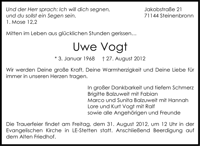  Traueranzeige für Uwe Vogt vom 29.08.2012 aus Stuttgarter Zeitung / Stuttgarter Nachrichten