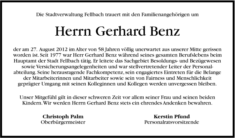  Traueranzeige für Gerhard Benz vom 29.08.2012 aus Stuttgarter Zeitung / Stuttgarter Nachrichten