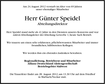Traueranzeige von Günter Speidel von Marbacher Zeitung