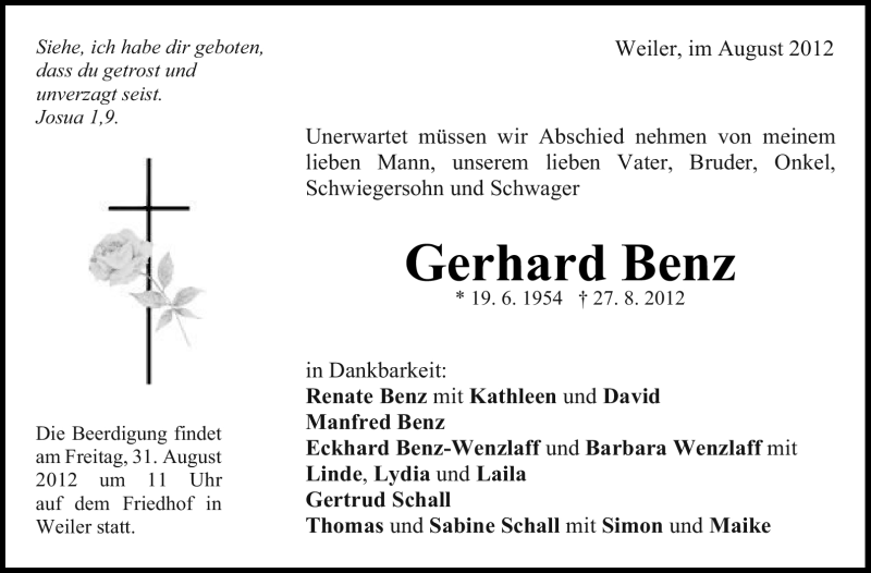  Traueranzeige für Gerhard Benz vom 30.08.2012 aus Stuttgarter Zeitung / Stuttgarter Nachrichten