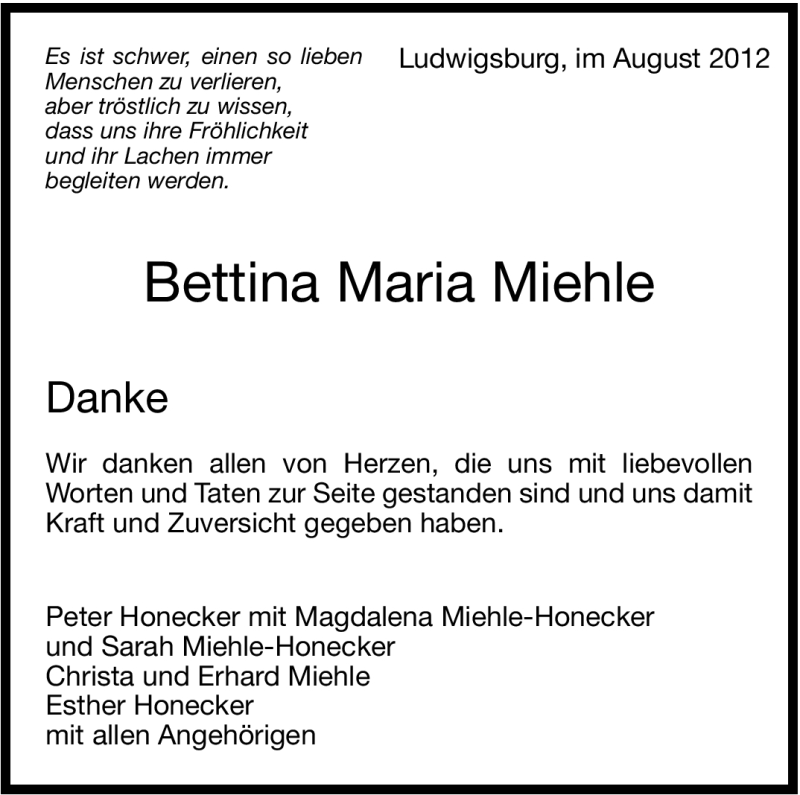  Traueranzeige für Bettina Maria Miehle vom 01.09.2012 aus Stuttgarter Zeitung / Stuttgarter Nachrichten
