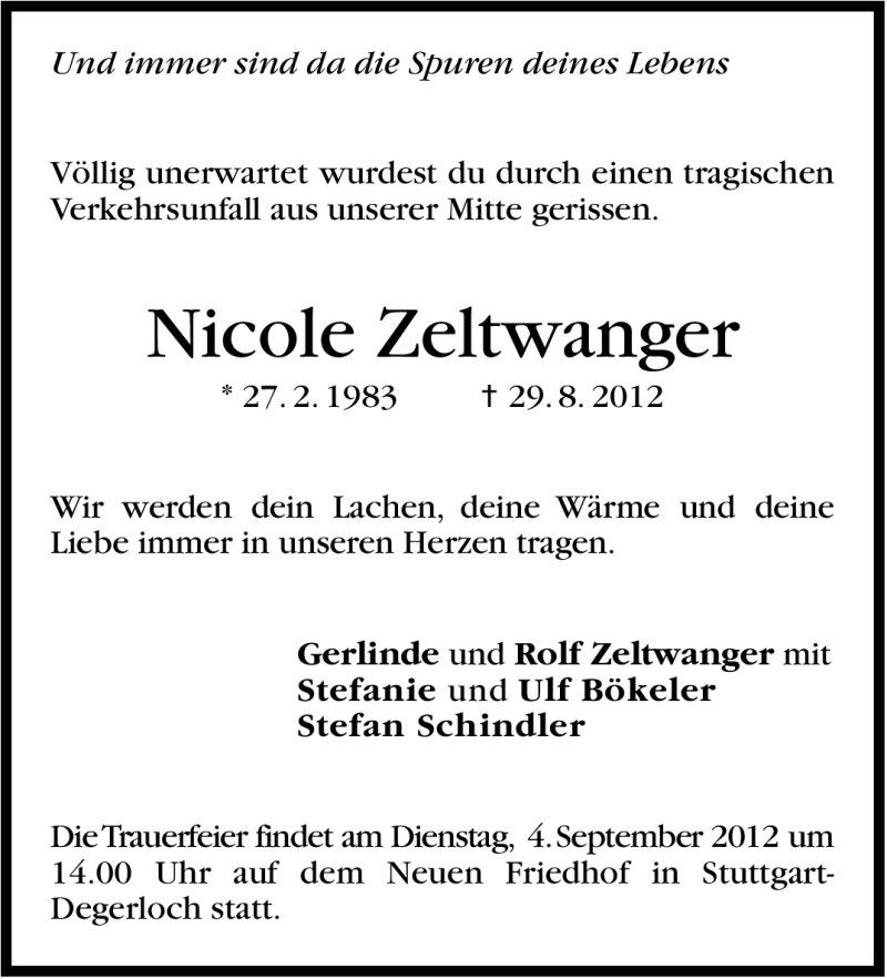  Traueranzeige für Nicole Zeltwanger vom 01.09.2012 aus Stuttgarter Zeitung / Stuttgarter Nachrichten
