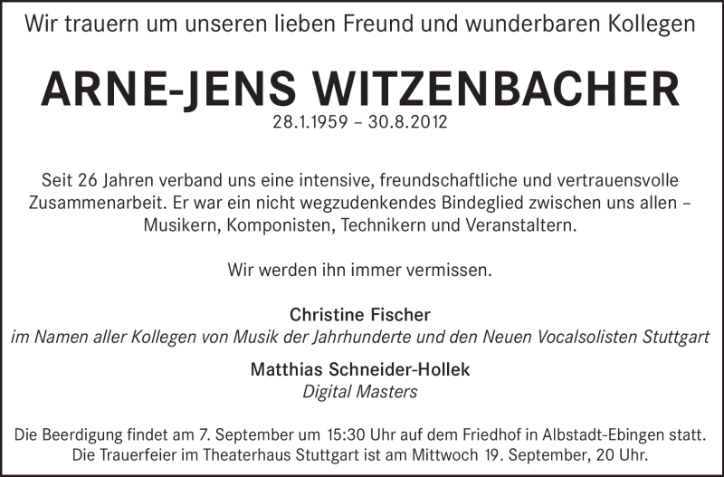  Traueranzeige für Arne-Jens Witzenbacher vom 04.09.2012 aus Stuttgarter Zeitung / Stuttgarter Nachrichten