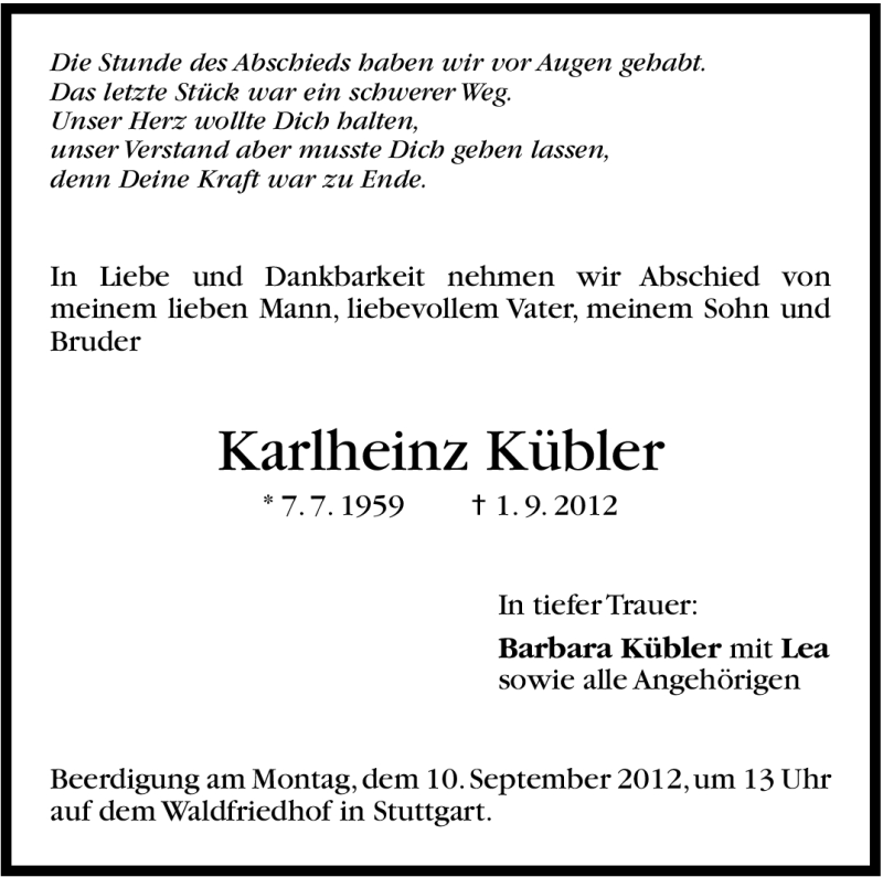  Traueranzeige für Karlheinz Kübler vom 05.09.2012 aus Stuttgarter Zeitung / Stuttgarter Nachrichten