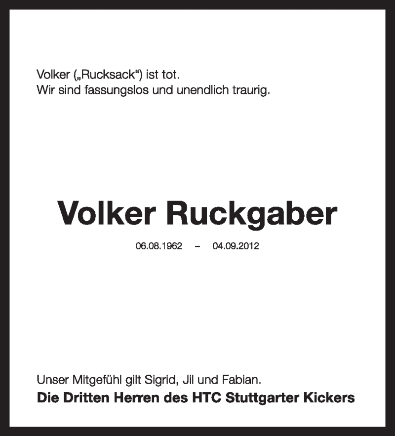  Traueranzeige für Volker Ruckgaber vom 07.09.2012 aus Stuttgarter Zeitung / Stuttgarter Nachrichten