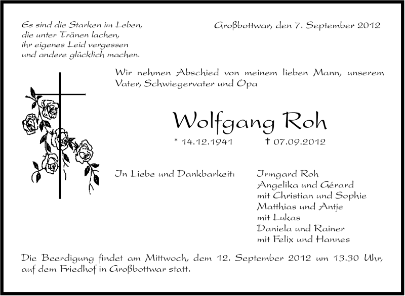  Traueranzeige für Wolfgang Roh vom 10.09.2012 aus Marbacher Zeitung