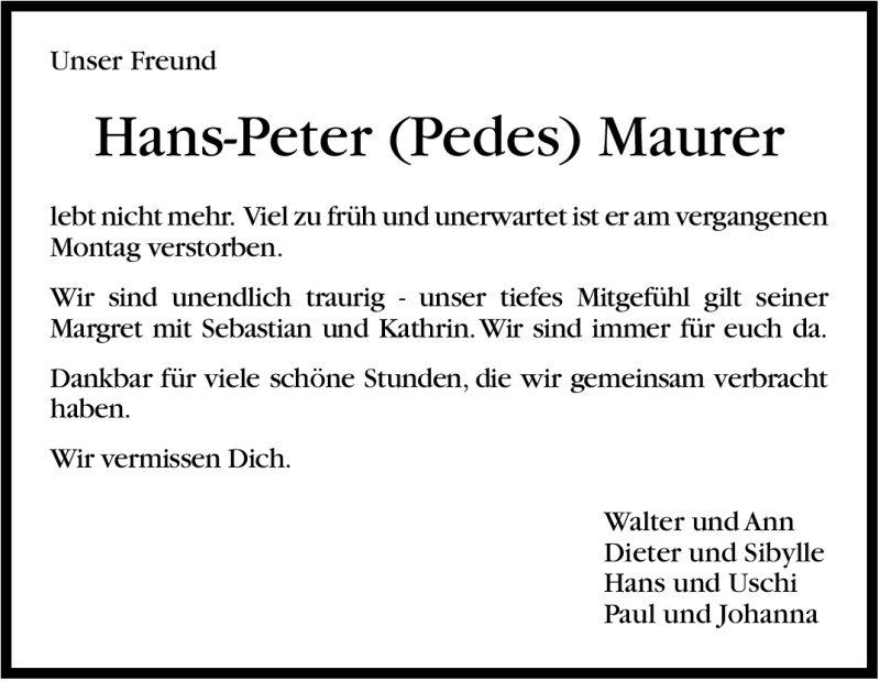  Traueranzeige für Hans-Peter Maurer vom 14.09.2012 aus Stuttgarter Zeitung / Stuttgarter Nachrichten