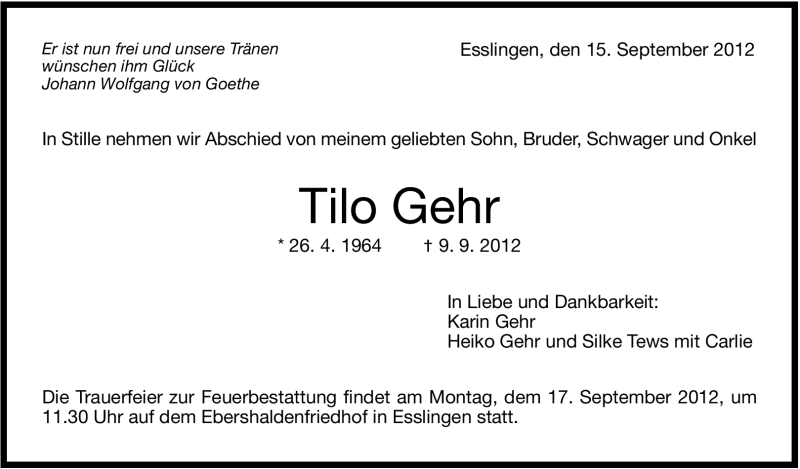  Traueranzeige für Tilo Gehr vom 15.09.2012 aus Stuttgarter Zeitung / Stuttgarter Nachrichten