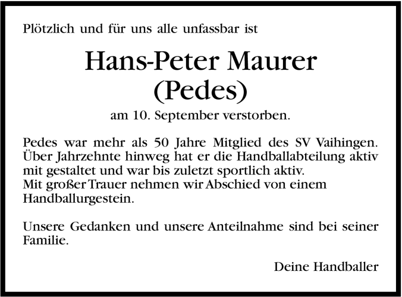  Traueranzeige für Hans-Peter Maurer vom 17.09.2012 aus Stuttgarter Zeitung / Stuttgarter Nachrichten
