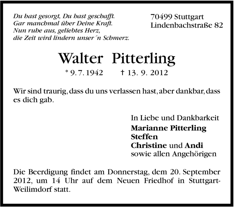  Traueranzeige für Walter Pitterling vom 17.09.2012 aus Stuttgarter Zeitung / Stuttgarter Nachrichten
