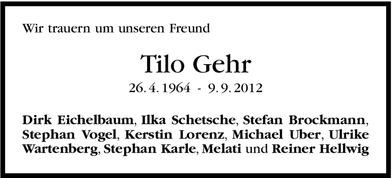  Traueranzeige für Tilo Gehr vom 15.09.2012 aus Stuttgarter Zeitung / Stuttgarter Nachrichten
