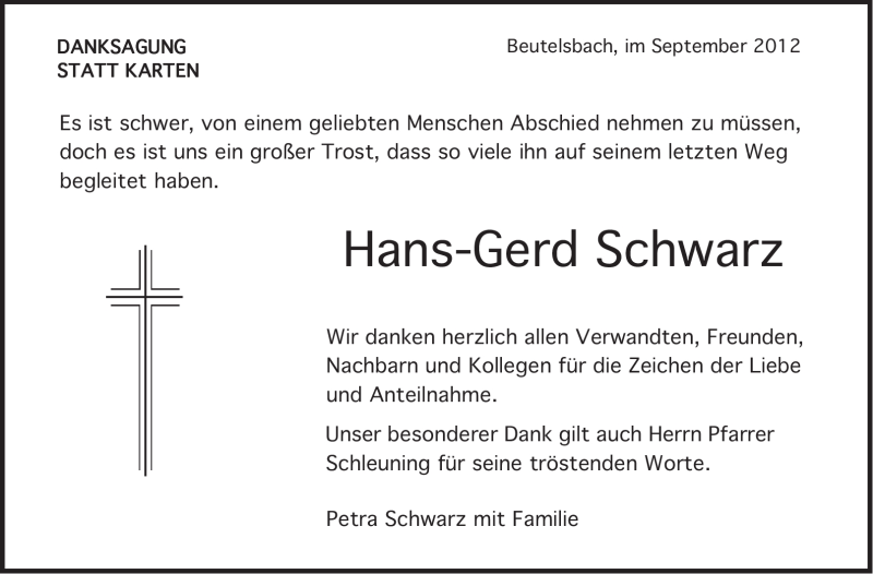  Traueranzeige für Hans-Gerd Schwarz vom 15.09.2012 aus Stuttgarter Zeitung / Stuttgarter Nachrichten