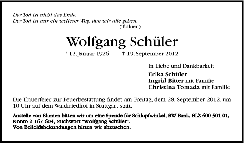  Traueranzeige für Wolfgang Schüler vom 22.09.2012 aus Stuttgarter Zeitung / Stuttgarter Nachrichten