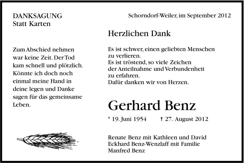  Traueranzeige für Gerhard Benz vom 26.09.2012 aus Stuttgarter Zeitung / Stuttgarter Nachrichten