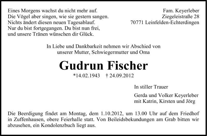  Traueranzeige für Gudrun Fischer vom 27.09.2012 aus Stuttgarter Zeitung / Stuttgarter Nachrichten