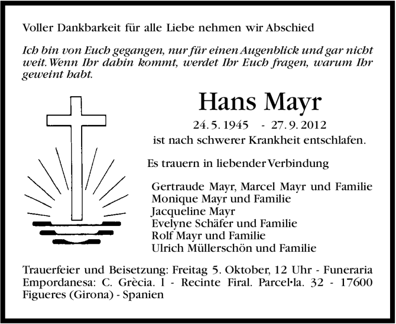  Traueranzeige für Hans Mayr vom 02.10.2012 aus Stuttgarter Zeitung / Stuttgarter Nachrichten
