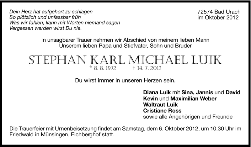  Traueranzeige für Stephan Karl Michael Luik vom 02.10.2012 aus Stuttgarter Zeitung / Stuttgarter Nachrichten