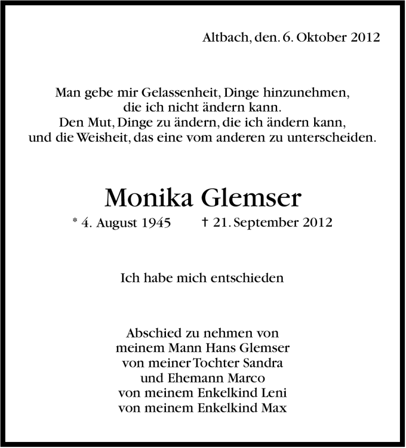  Traueranzeige für Monika Glemser vom 06.10.2012 aus Stuttgarter Zeitung / Stuttgarter Nachrichten