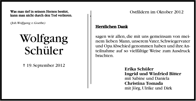  Traueranzeige für Wolfgang Schüler vom 06.10.2012 aus Stuttgarter Zeitung / Stuttgarter Nachrichten