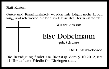 Traueranzeige von Else Dobelmann von Leonberger Kreiszeitung / Strohgäu Extra