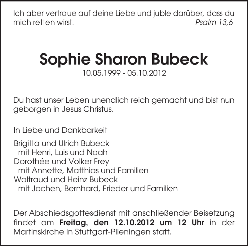  Traueranzeige für Sophie Sharon Bubeck vom 09.10.2012 aus Stuttgarter Zeitung / Stuttgarter Nachrichten