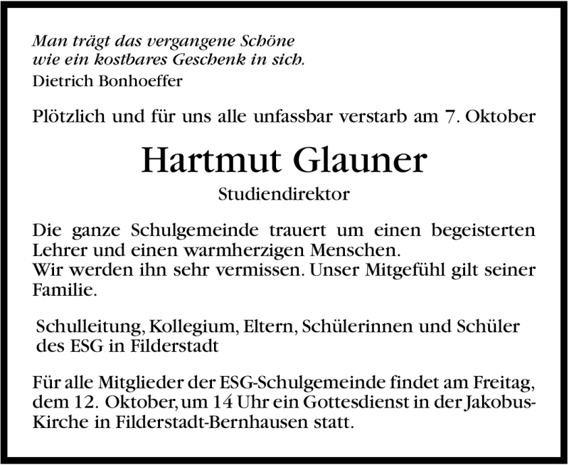  Traueranzeige für Hartmut Glauner vom 10.10.2012 aus Stuttgarter Zeitung / Stuttgarter Nachrichten