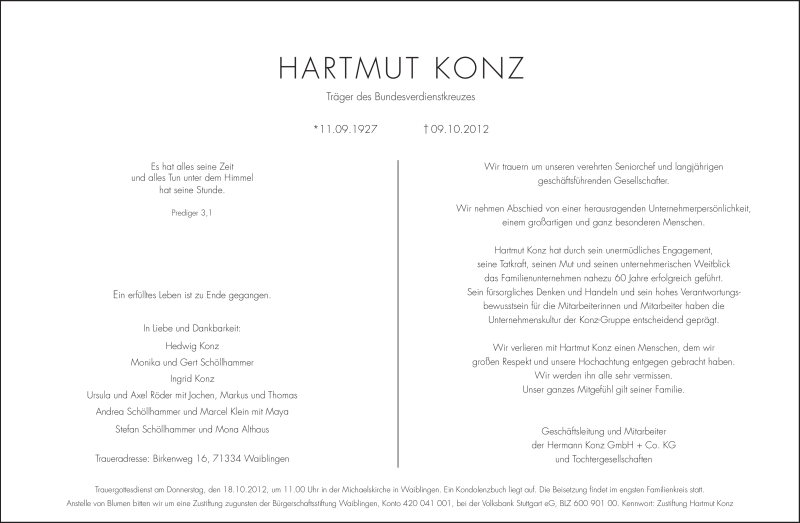  Traueranzeige für Hartmut Konz vom 12.10.2012 aus Stuttgarter Zeitung / Stuttgarter Nachrichten