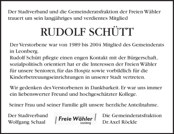 Traueranzeige von Rudolf Schütt von Leonberger Kreiszeitung / Strohgäu Extra