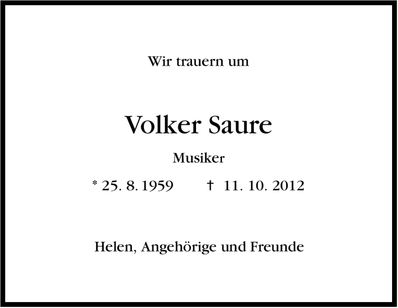  Traueranzeige für Volker Saure vom 18.10.2012 aus Stuttgarter Zeitung / Stuttgarter Nachrichten