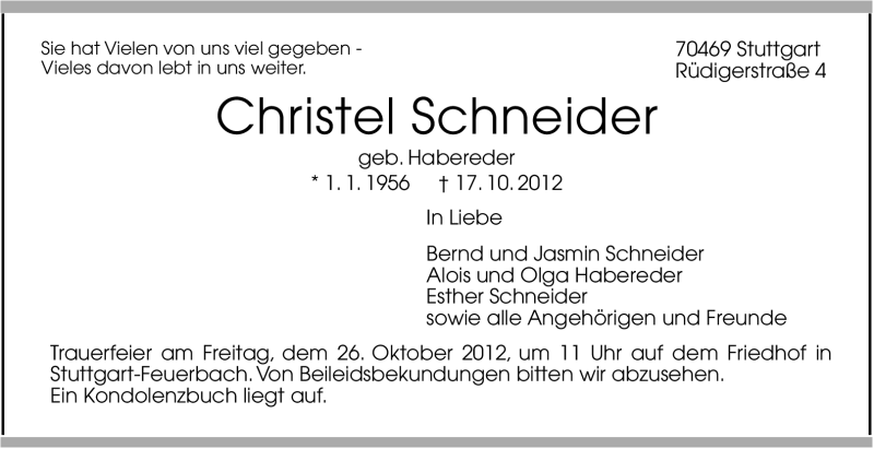  Traueranzeige für Christel Schneider vom 20.10.2012 aus Stuttgarter Zeitung / Stuttgarter Nachrichten