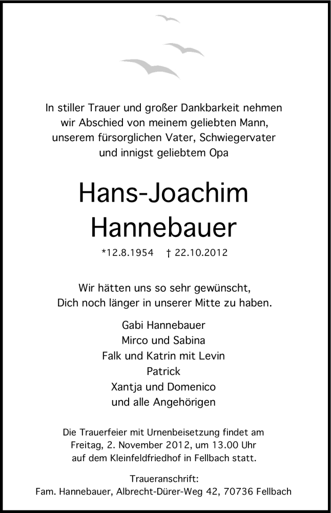  Traueranzeige für Hans-Joachim Hannebauer vom 24.10.2012 aus Stuttgarter Zeitung / Stuttgarter Nachrichten